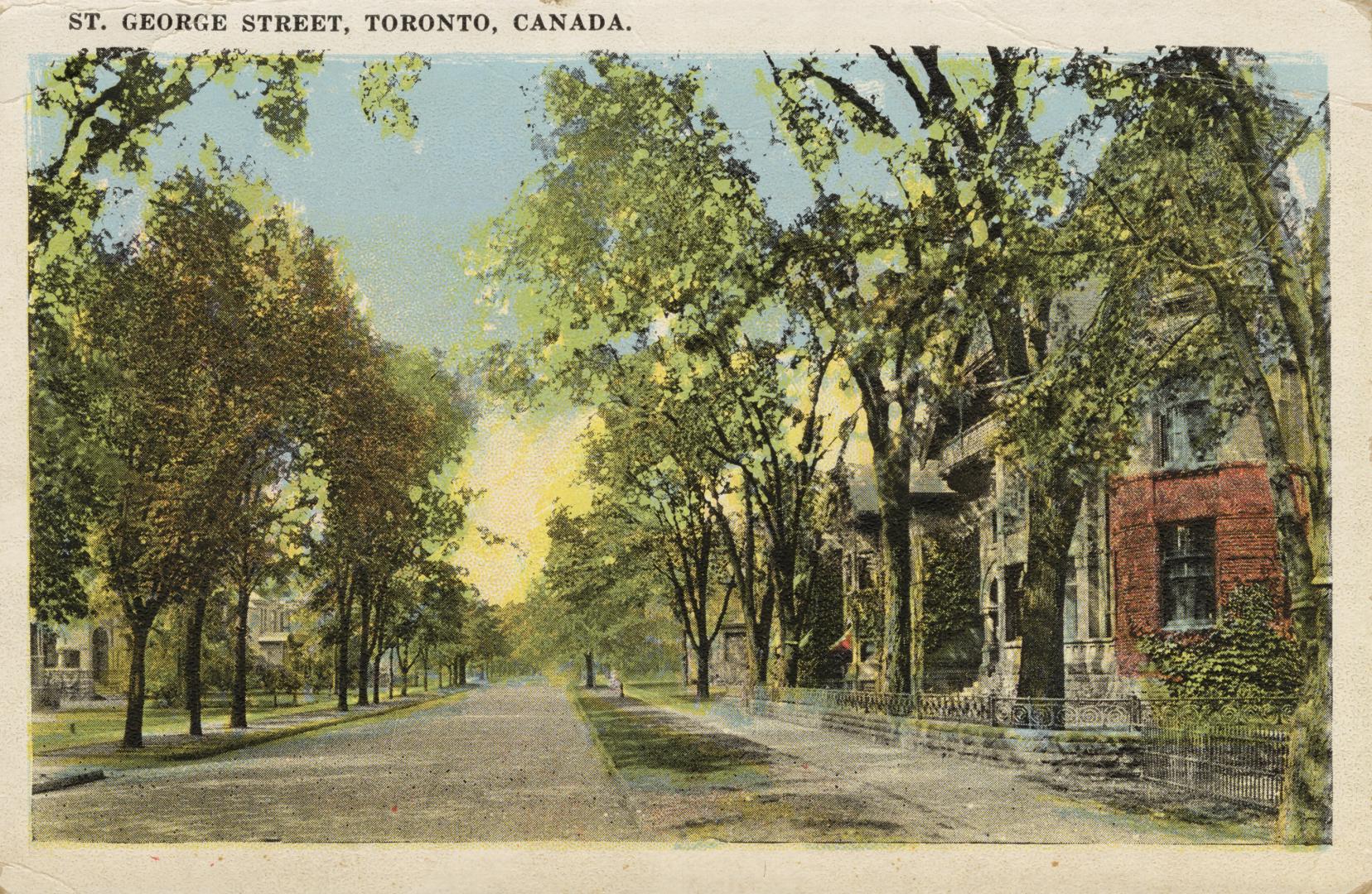 Colour postcard depicting a view down a residential street with trees and houses visible on eac ...