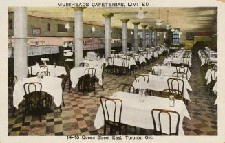 Colour photo postcard depicting the interior of a large restaurant with many tables and a row o ...