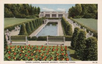 Colorized photograph of park benches around a pool of water in a garden.