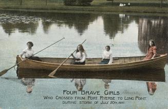 Colorized photograph of four teenaged girls in a canoe.