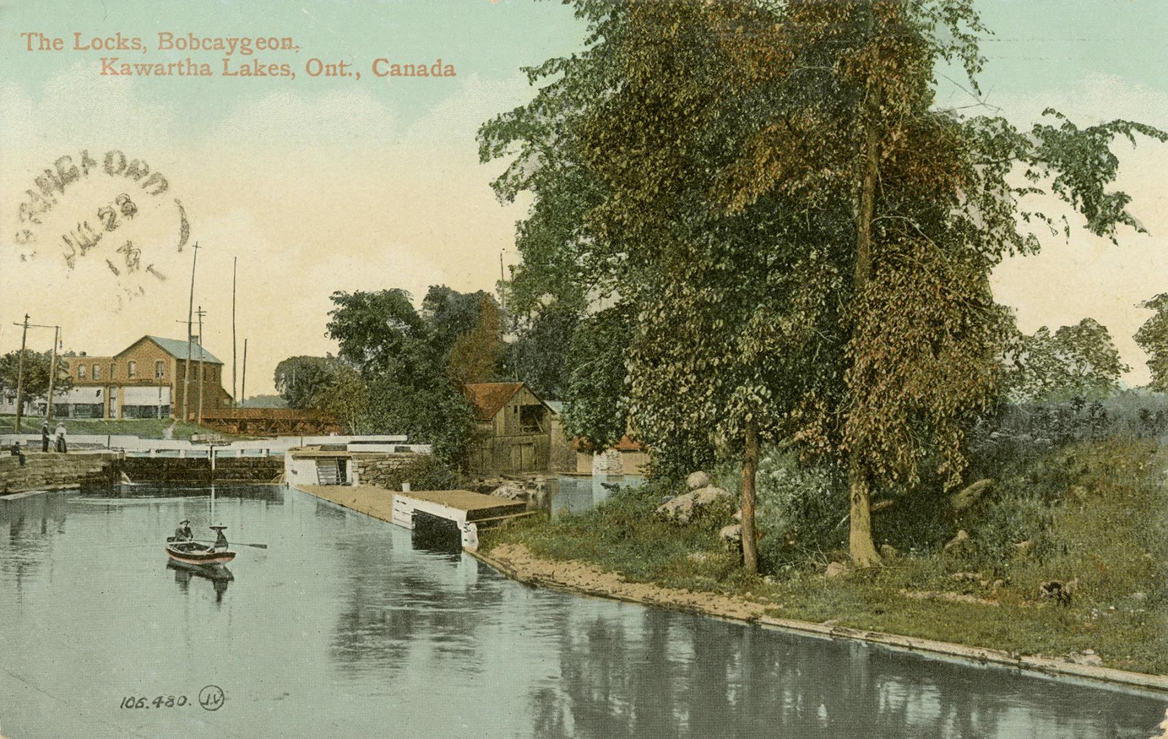 Colorized photograph of a manmade waterway with two people in a boat on it.