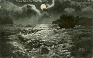 Colorized photograph of choppy water in a river, taken at night.