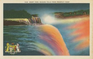 Colorized photograph of the top of a waterfall with spotlights on it, taken at night.