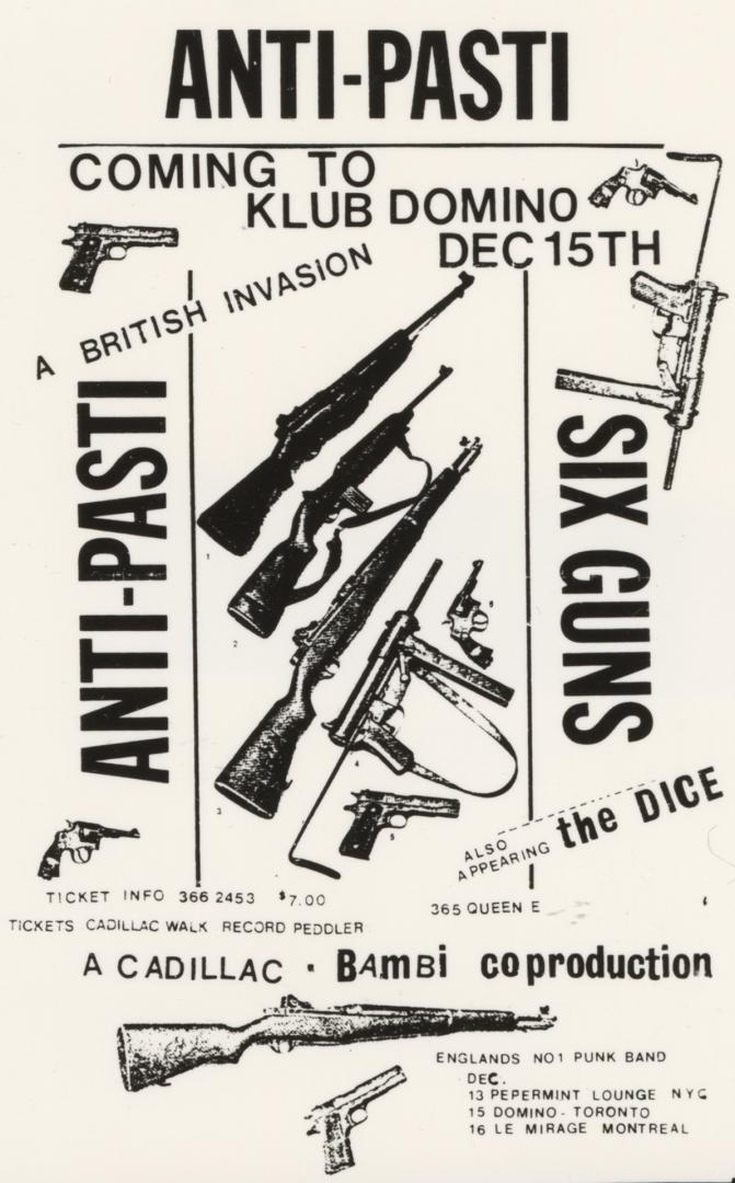 Black and white flyer with words 'Anti-Pasti' on top and left side, words 'six guns' on right. …