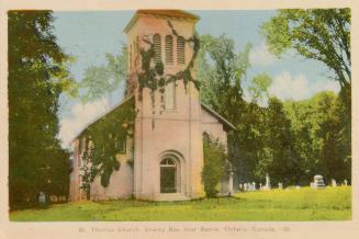 Colorized photograph of church in the country.