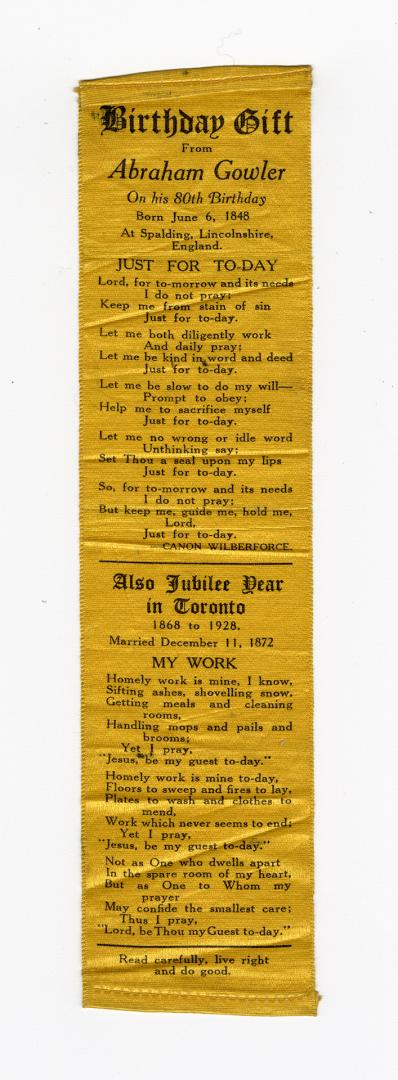 Birthday gift from Abraham Gowler on his 80th birthday, born June 6, 1848 at Spalding, Lincolnshire, England