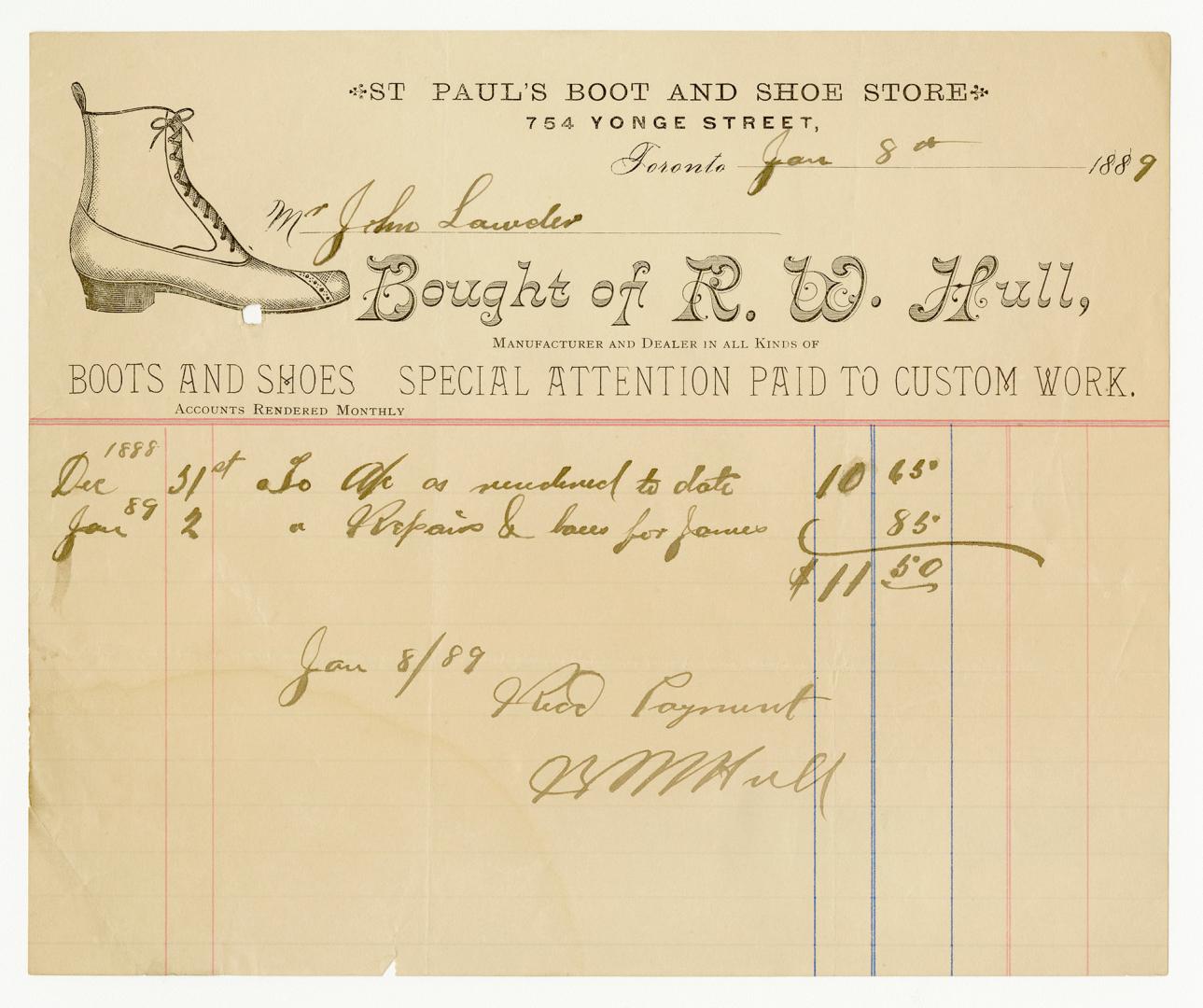 Bought of R.W. Hull, Manufacturer and Dealer in all Kinds of Boots and Shoes.