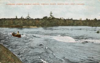 Colorized photograph of two people in a boat fast water running over rocks through bush.