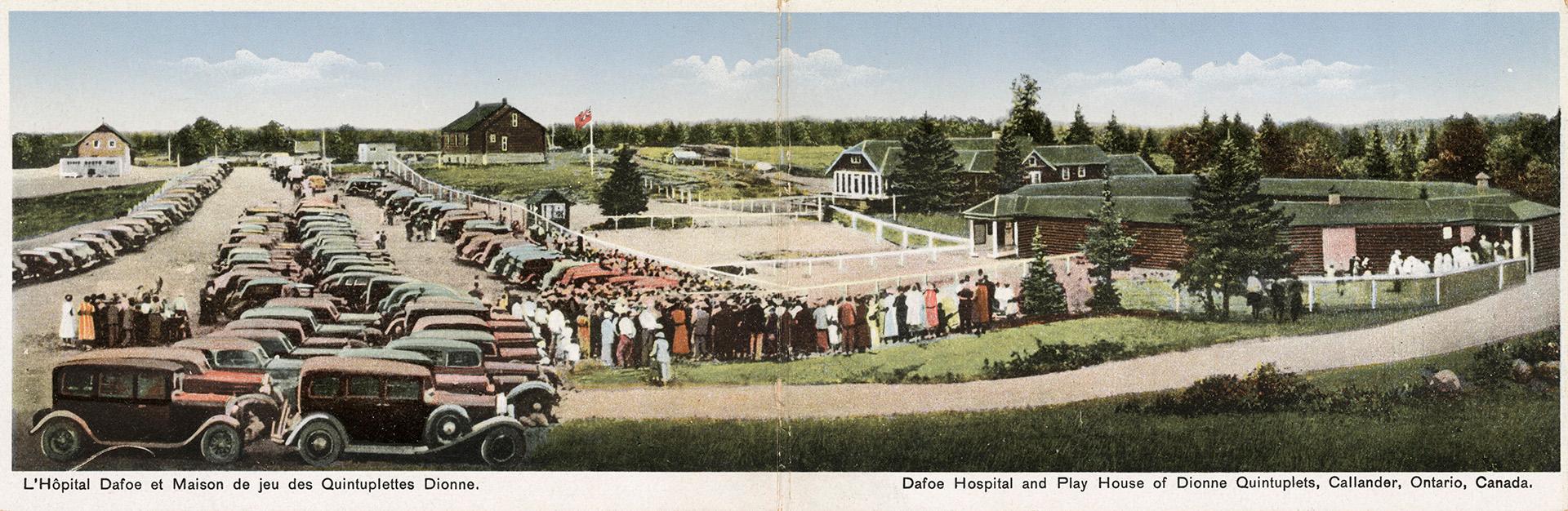 Colorized photograph of a cars and people lined up around a large medical building.