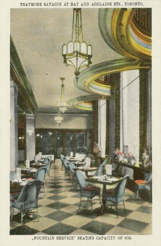 Colorized photograph of rattan chairs at set tables in a restaurant dining area.