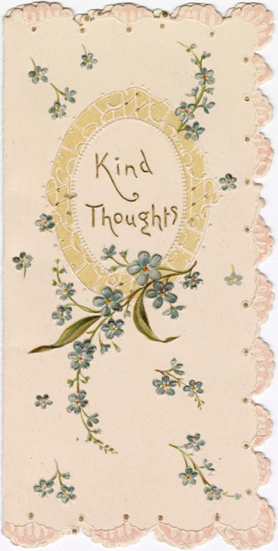 The front of the card pictures blue flowers against a cream background, along with yellow pink …