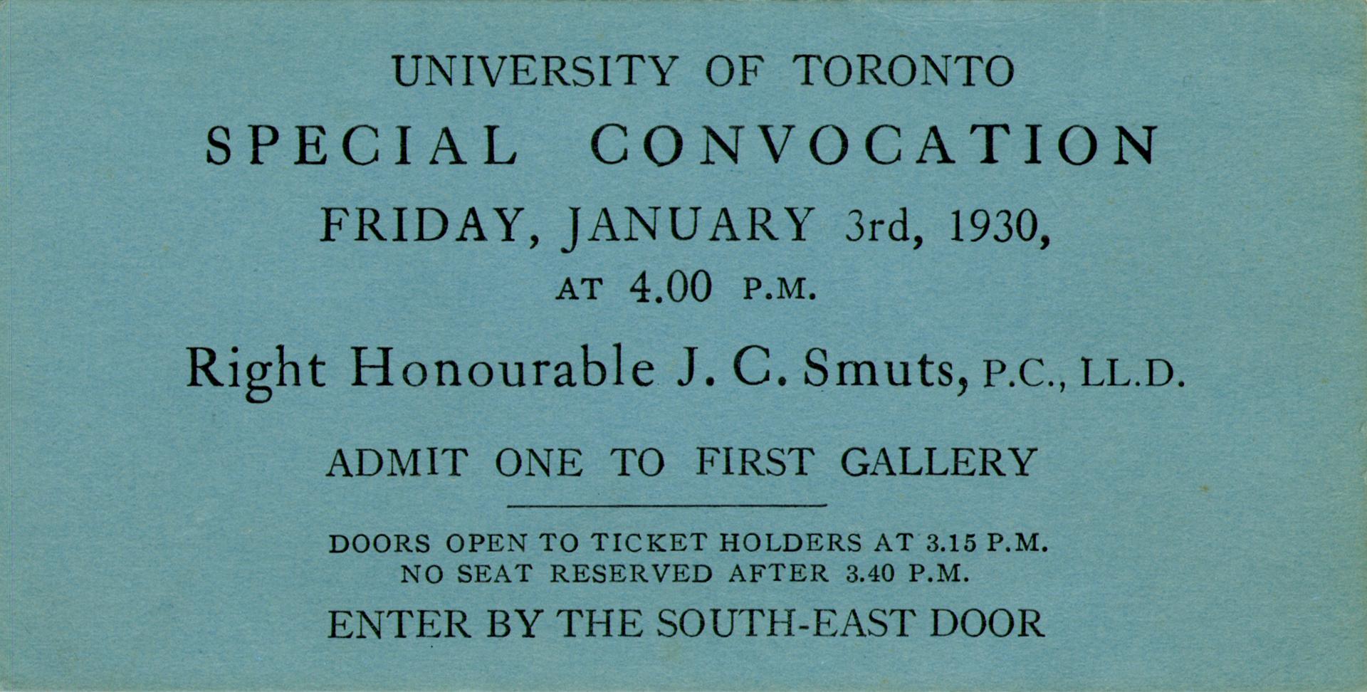 A blue invitation card stating "University of Toronto// Special Convocation// Friday, January 3…
