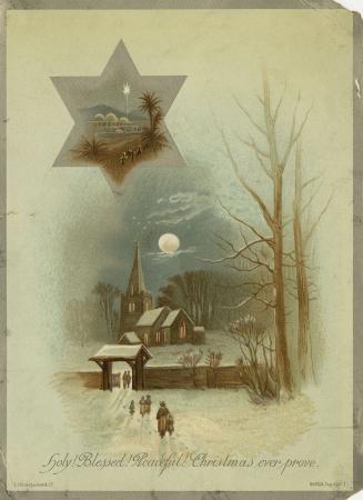 The card pictures people walking through a snowy, moonlit field towards a church. The top left …