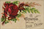The card pictures a red rose, small white flowers, and foliage against a beige background. Text…