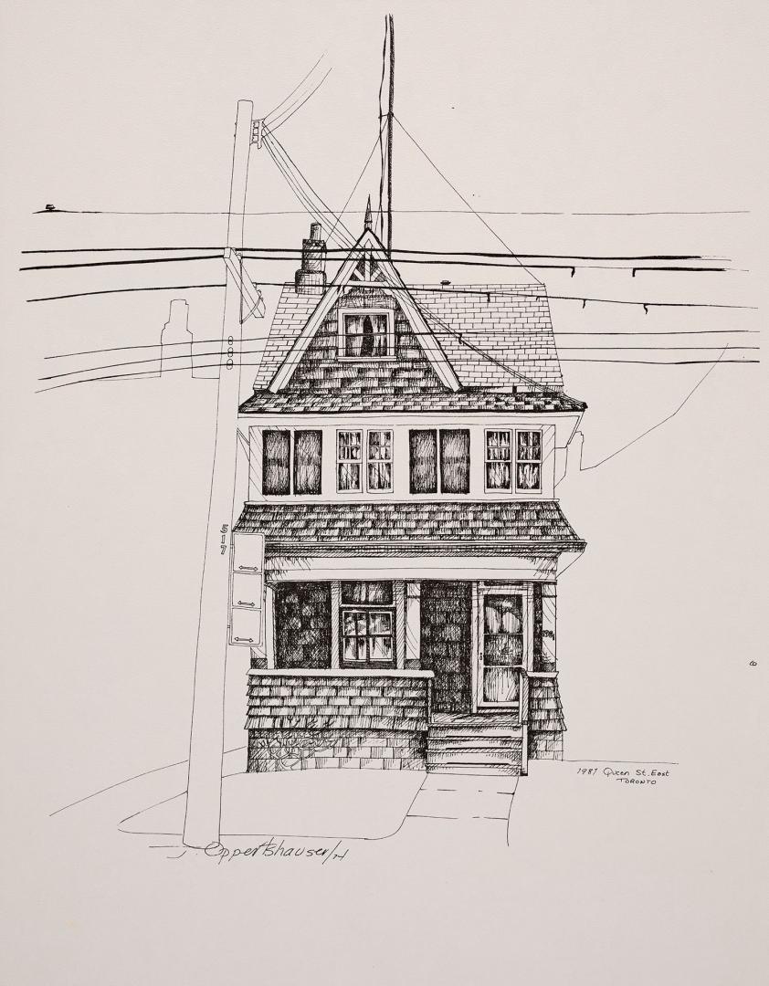 Detailed black and white illustration of a gabled house with a front porch and a telephone pole…