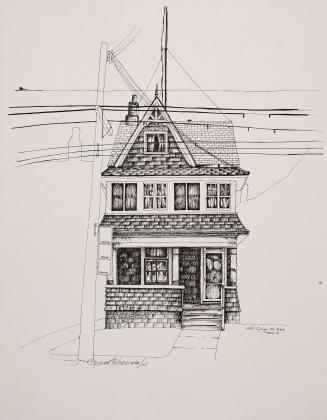 Detailed black and white illustration of a gabled house with a front porch and a telephone pole…