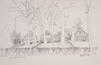 Detailed line drawing of a row of houses along a street with tall leafless trees on the front l…