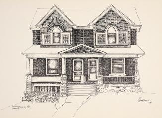 Detailed line drawing of a row of houses along a street with tall leafless trees on the front l…