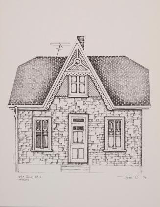A detailed pencil drawing of a small cottage-style house with steep front-facing gables, decora…