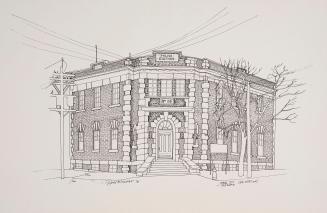 Reproduction of drawing of a two‑story brick building with a symmetrical façade. The structure …