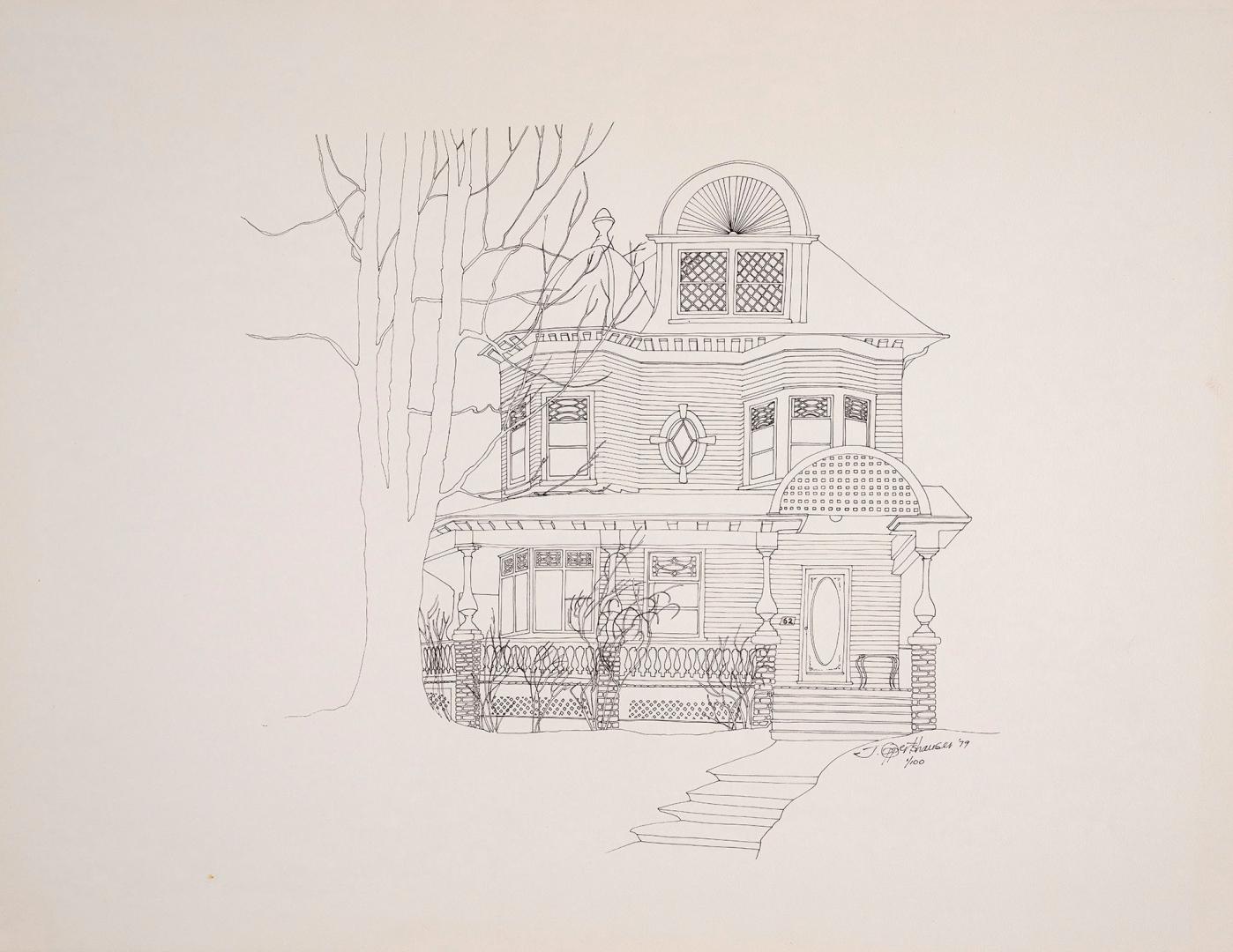 Reproduction of drawing of a two‑story house with a steep roof and a rounded dormer centered ab…