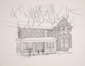 Reproduction of drawing of a two‑story Victorian house with an asymmetrical façade, including a…