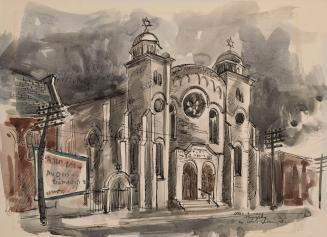 A pen‑and‑wash drawing of a historic synagogue with two domed towers topped by stars, a large c…