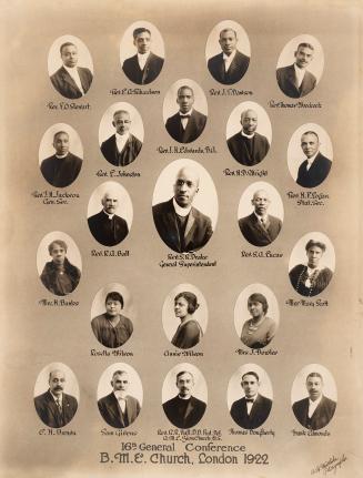 Mounted composite portrait board with oval head-and-shoulders photographs of church delegates a…