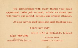 A postcard sent from Muir Cap & Regalia Limited to a customer, stating, "We acknowledge with ma…