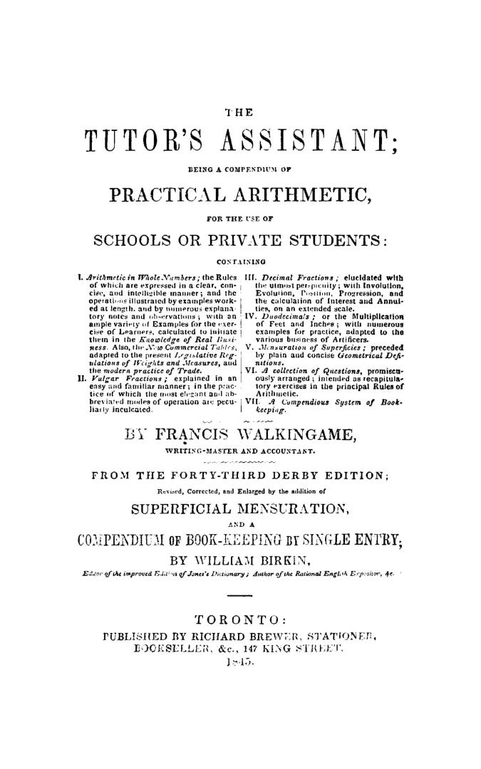 The tutor's assistant, being a compendium of practical arithmetic, for the use of schools or private students