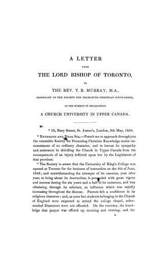 A letter from the Lord Bishop of Toronto to the Rev