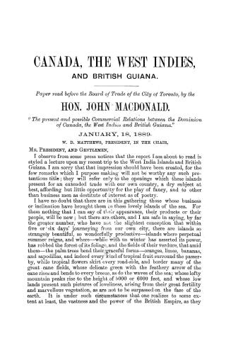 Canada, the West Indies, and British Guiana; paper read before the Board of trade of the city of Toronto