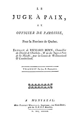Le juge à paix et officier de paroisse pour la province de Quebec, extrait de Richard Burn