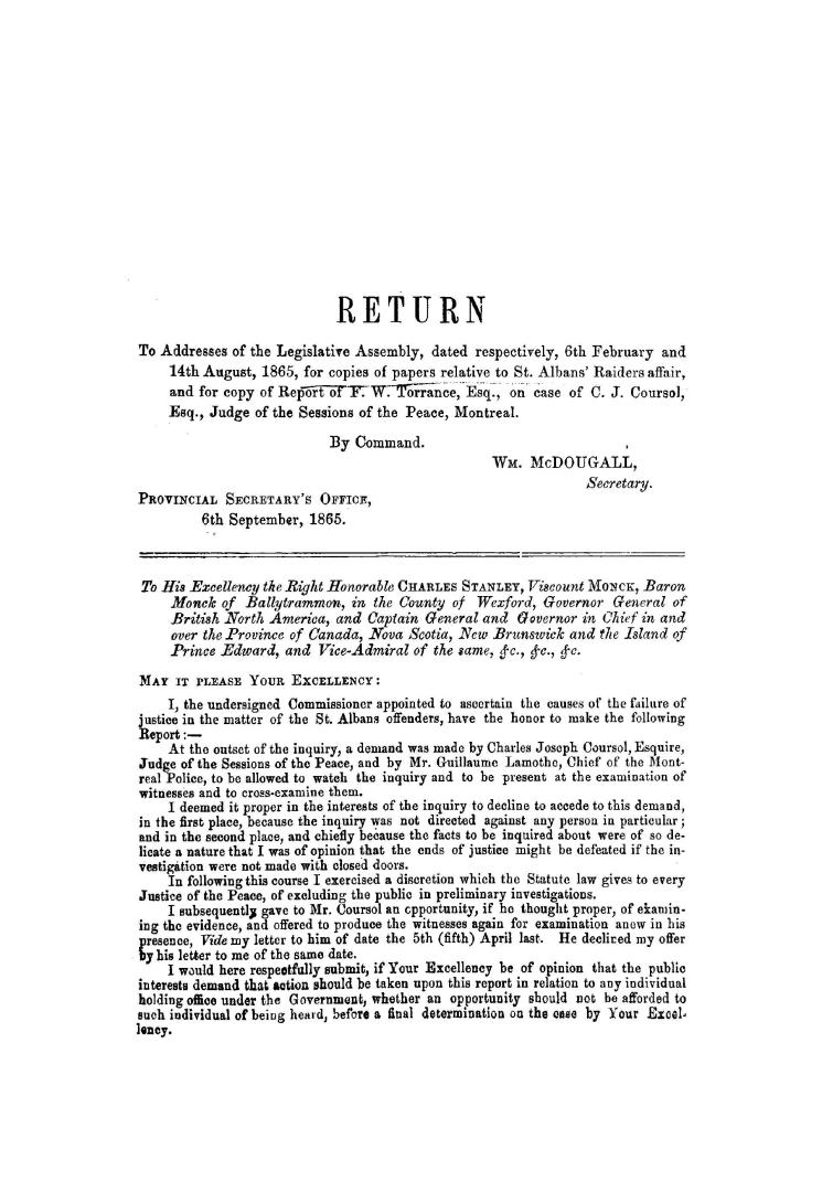 Return to addresses of the Legislative assembly, dated respectively, 6th February and 14th August, 1865, for copies of papers relative to St. Albans' (...)