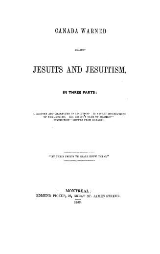 Canada warned against Jesuits and Jesuitism