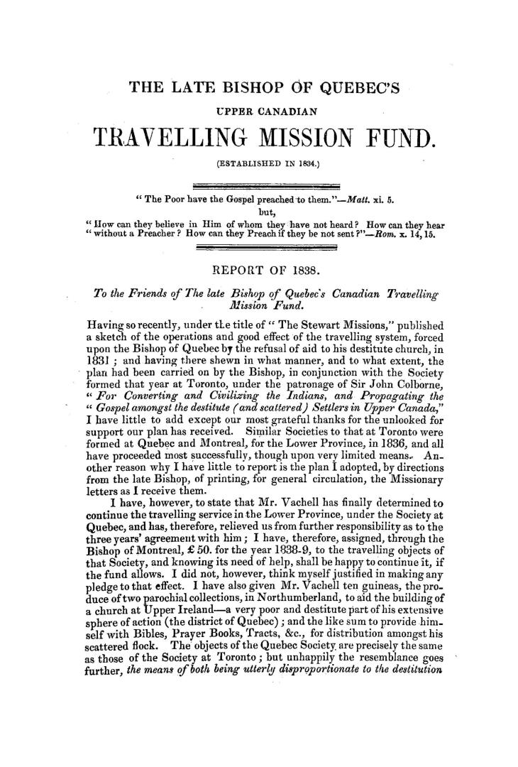 Report of the late Bishop of Quebec's Canadian travelling mission fund