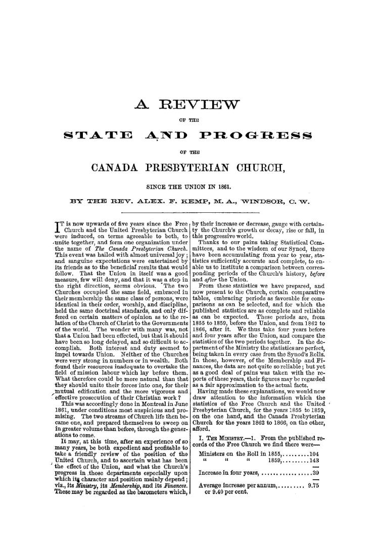 A review of the state and progress of the Canada Presbyterian church since the union in 1861