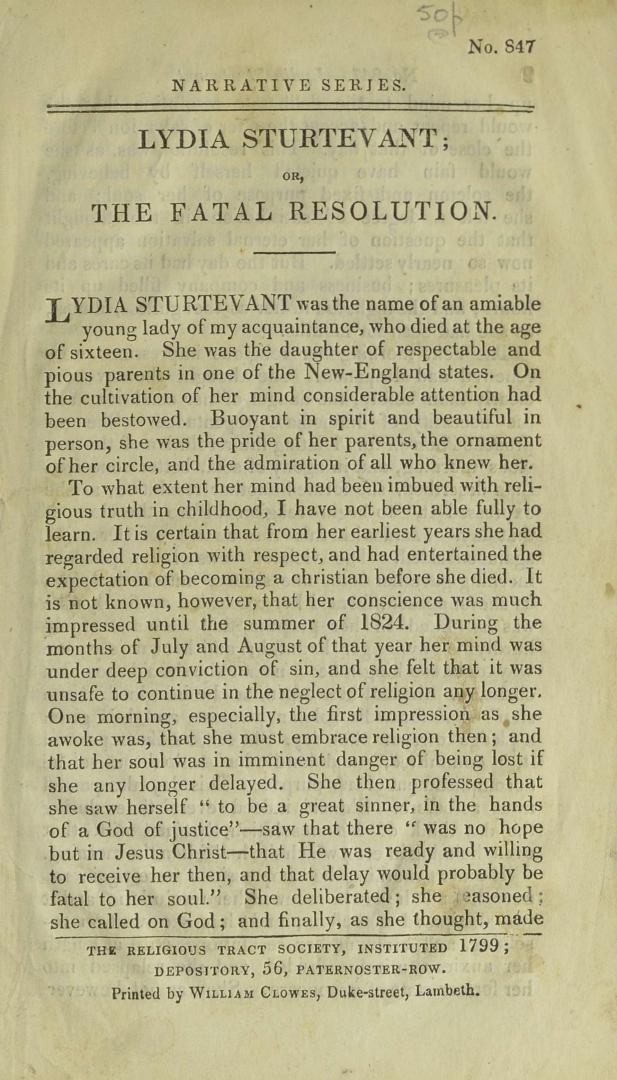 Lydia Sturtevant, or, The fatal resolution