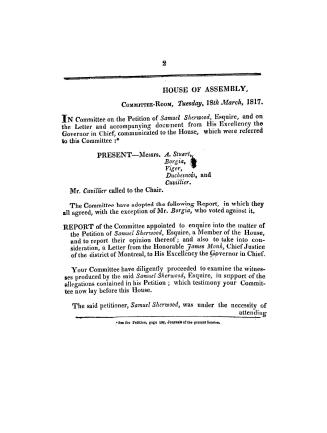 Report of the Committee appointed to enquire into the matter of the petition of Samuel Sherwood, esquire, a member of the House, and to report their o(...)