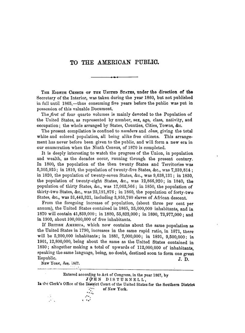 Census of the United States & territories and of British America, giving the population by counties and districts, together with the cities, and princ(...)