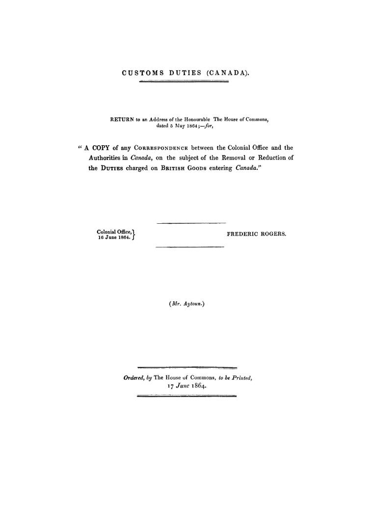 Image shows a cover page of the correspondence from Customs Duties Canada.