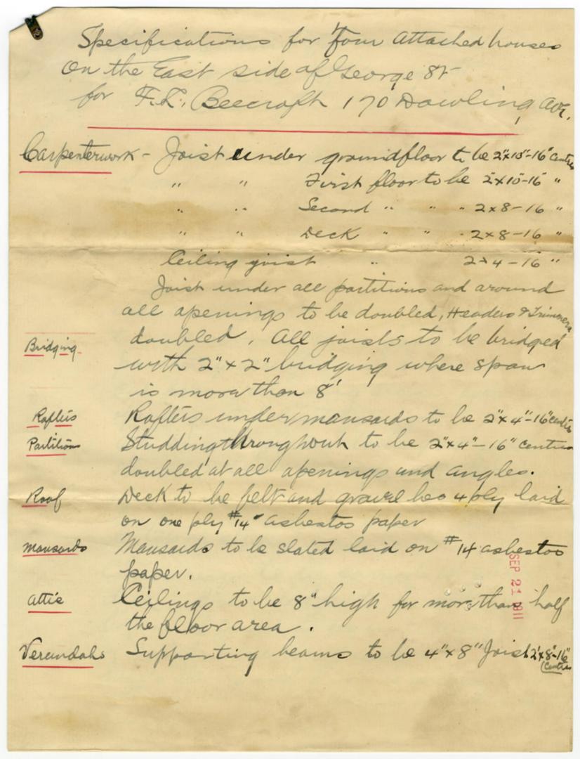 Specifications for four attached houses on the east side of George St