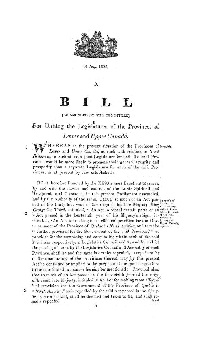 A bill as amended by the committee for uniting the legislatures of the provinces of Upper and Lower Canada