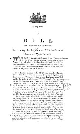 A bill as amended by the committee for uniting the legislatures of the provinces of Upper and Lower Canada