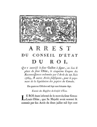 Arrest du Conseil d'état du roi, qui autorise le sieur Guillot à signer, au lieu & place du sieur Oblet, le cinquième coupon des reconnoissances ordon(...)