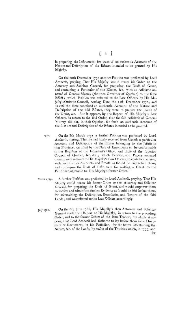 Abstract of proceedings in council relative to the grant to the late Jeffery, lord Amherst, of the estates belonging to the Jesuits in Canada, with th(...)