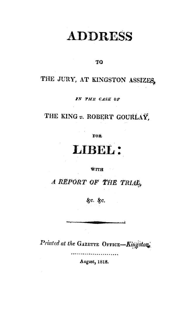 Address to the jury, at Kingston assizes, in the case of the King v