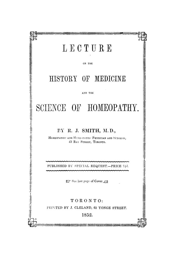 Lecture on the history of medicine and the science of homeopathy
