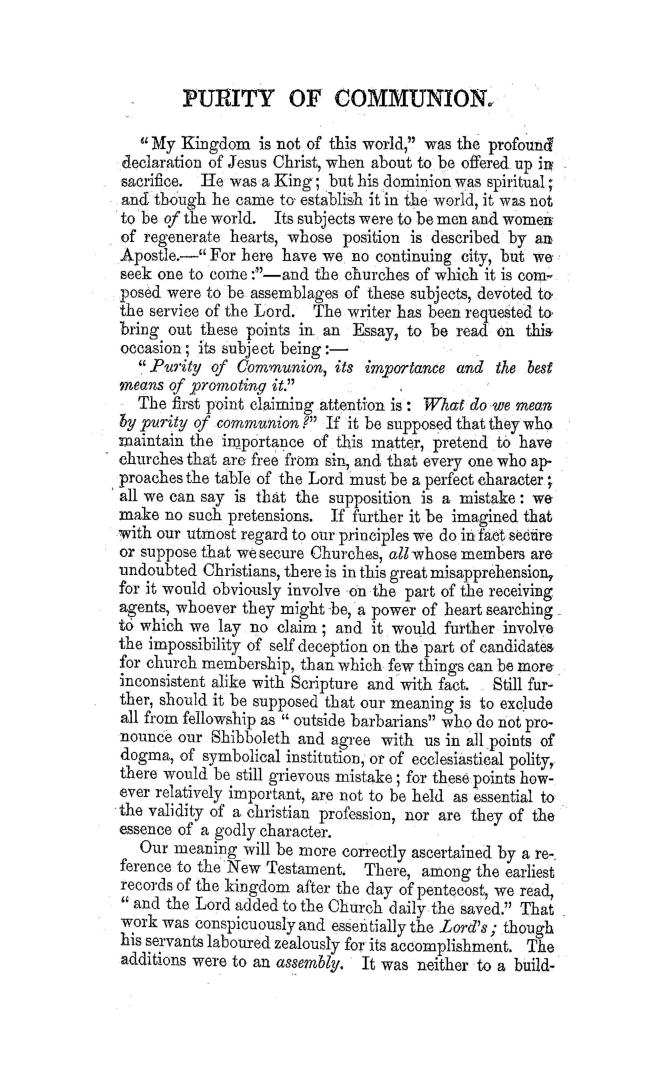 Purity of communion, its importance, and the best means of promoting it : an essay, written at the request of the Congregational Union of Canada, and read to the assembly, June 17th, 1854