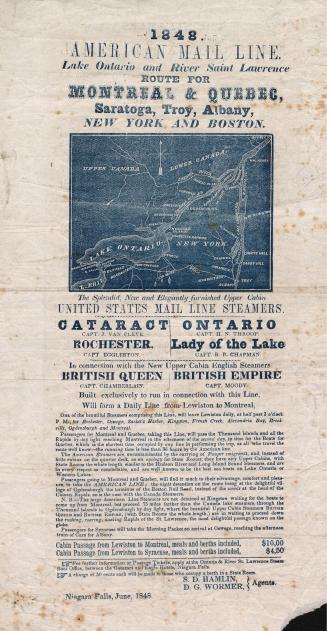 1848 : American Mail Line : Lake Ontario and River Saint Lawrence route for Montreal and Quebec, Saratoga, Troy, Albany, New York and Boston